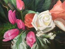 Roses and tulips bouquet still life oil painting white rose pink tulip art impressionist for sale contemporary impressionist