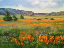 A perfect poppy day poppies Lancaster California wildflower plein air style oil painting contemporary impressionist art by Karen Winters rolling hills spring orange gold color