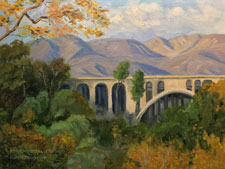 Colorado Street Bridge painting with sycamores in arroyo seco Pasadena