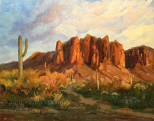 Superstitions Mountains Sunset art oil painting plein air style Arizona red rock country contemporary for sale