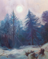 Winter Moonlight Crystal Lake Campgrounds Misty Mystic moon oil painting