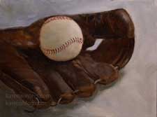 Play Ball baseball glove mitt and ball still life oil painting