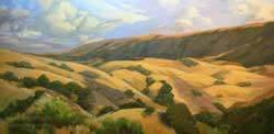 Golden Panorama California oaks rolling hills 15 x 30 inch oil painting on canvas