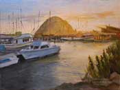 Morro Bay Morro Rock Fishing Boats Harbor oil painting art California Central Coast impressionist oil painting Home for the Day by karen winters
