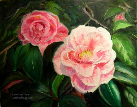 pink strip camellia oil painting