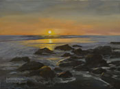 Radiant Shore, rocks and sunset shoreline near Malibu California, brilliant golden sunset oil painting